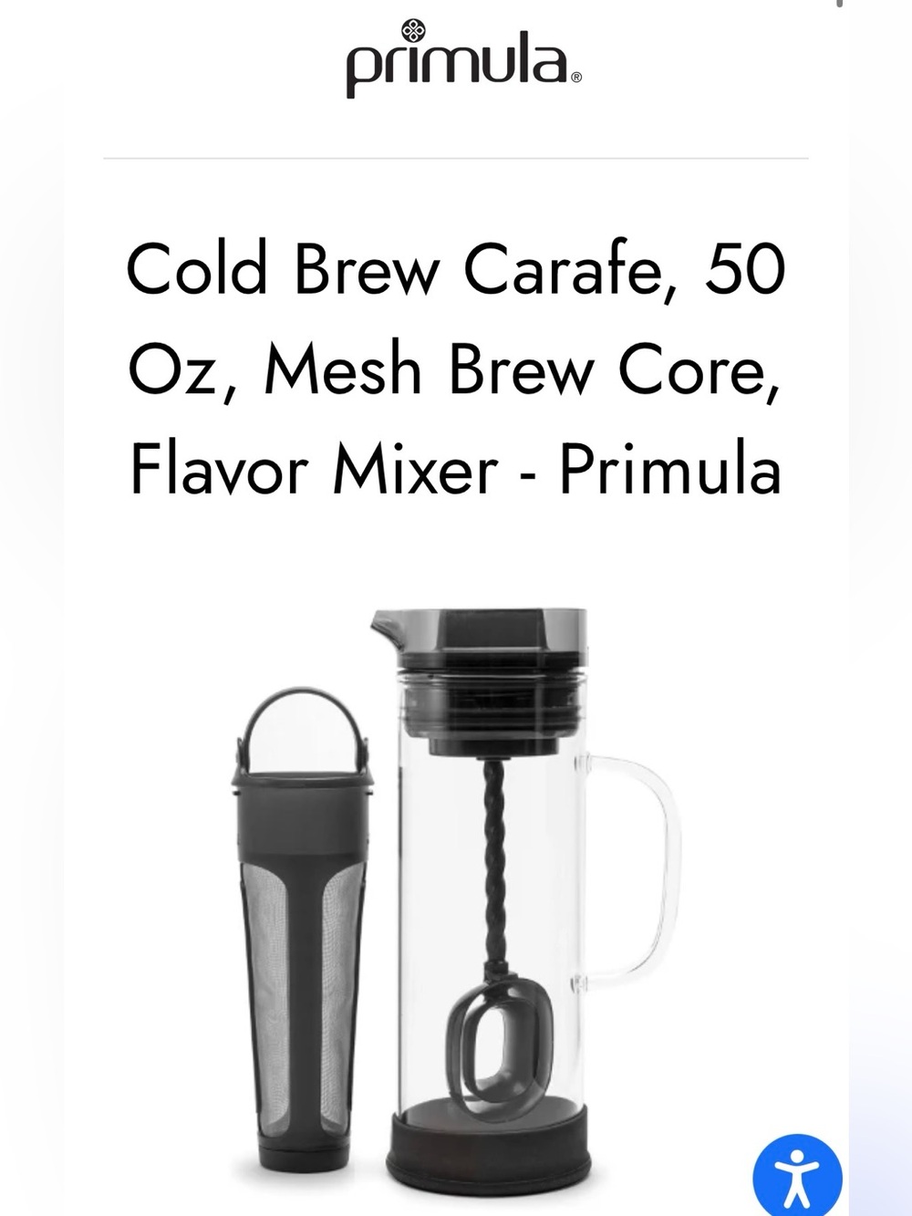 Primula Cold Brew Carafe, 50oz Mesh Brew Core with Flavor Mixer
